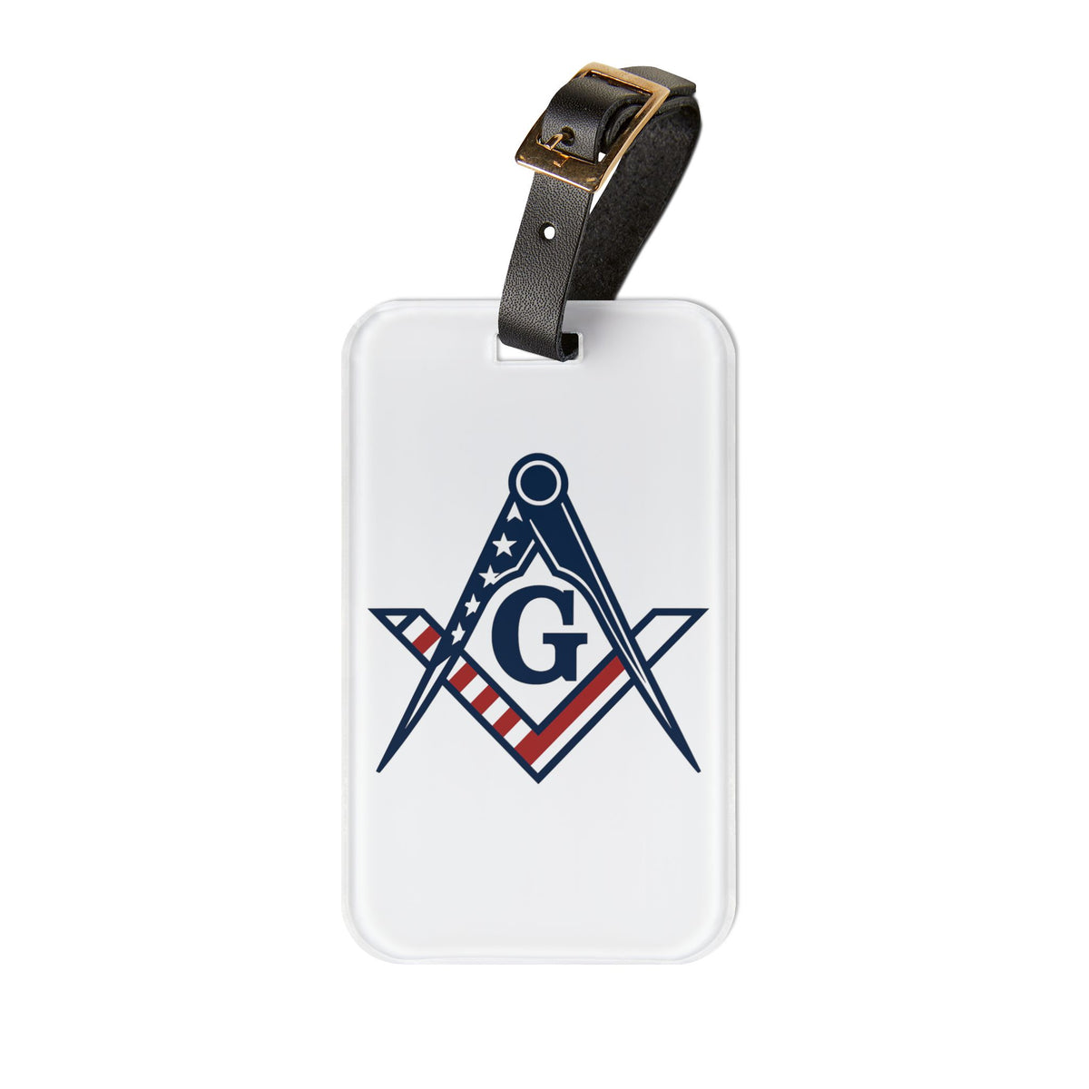 Master Mason Blue Lodge Luggage Tag - USA Flag S&C G With Black Leather Strap - Bricks Masons