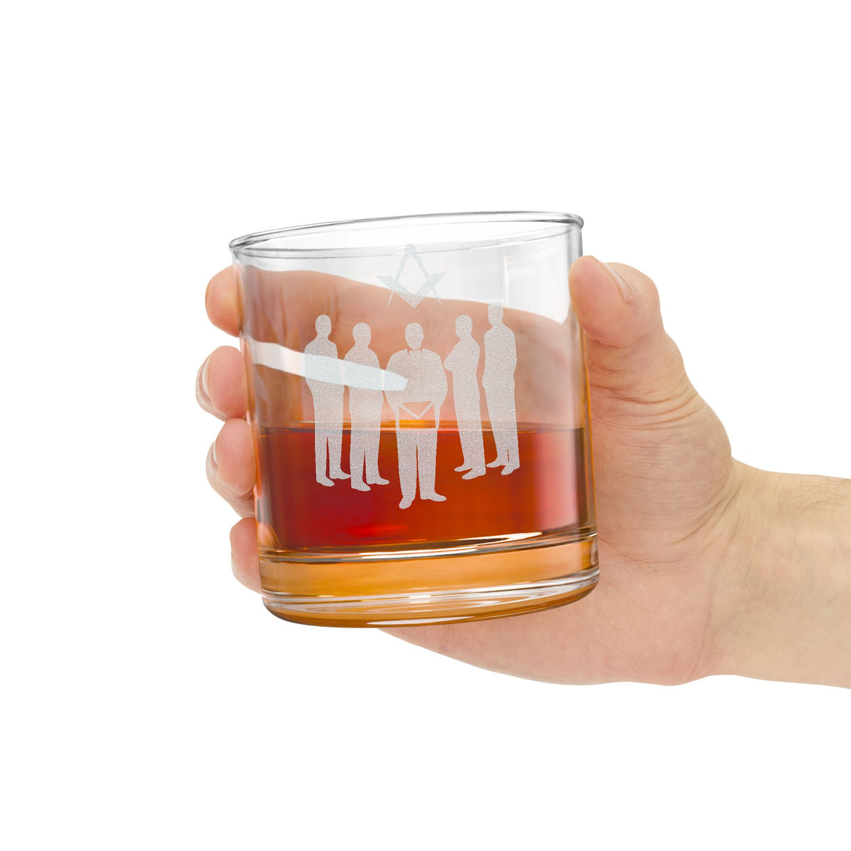 Master Mason Blue Lodge Whiskey Glass - Brotherhood Standing Figures Square & Compass - Bricks Masons