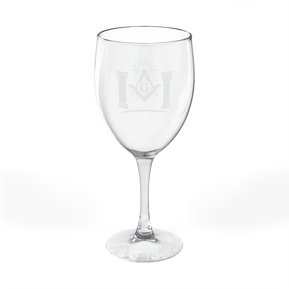 Master Mason Blue Lodge Wine Glass - Square & Compass G with Twin Pillars & Radiant Light - Bricks Masons