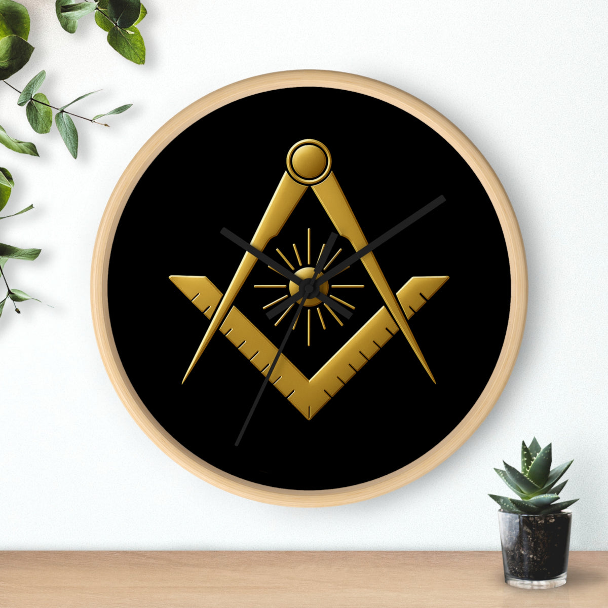Master Mason Blue Lodge Clock - Golden S&C with Sun in Wooden Frame - Bricks Masons