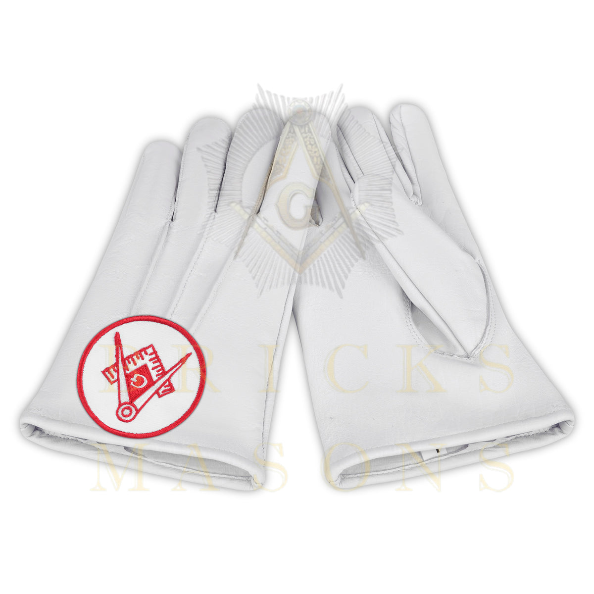 Master Mason Blue Lodge Gloves - White Leather Circular Red Square & Compass G Patch - Bricks Masons