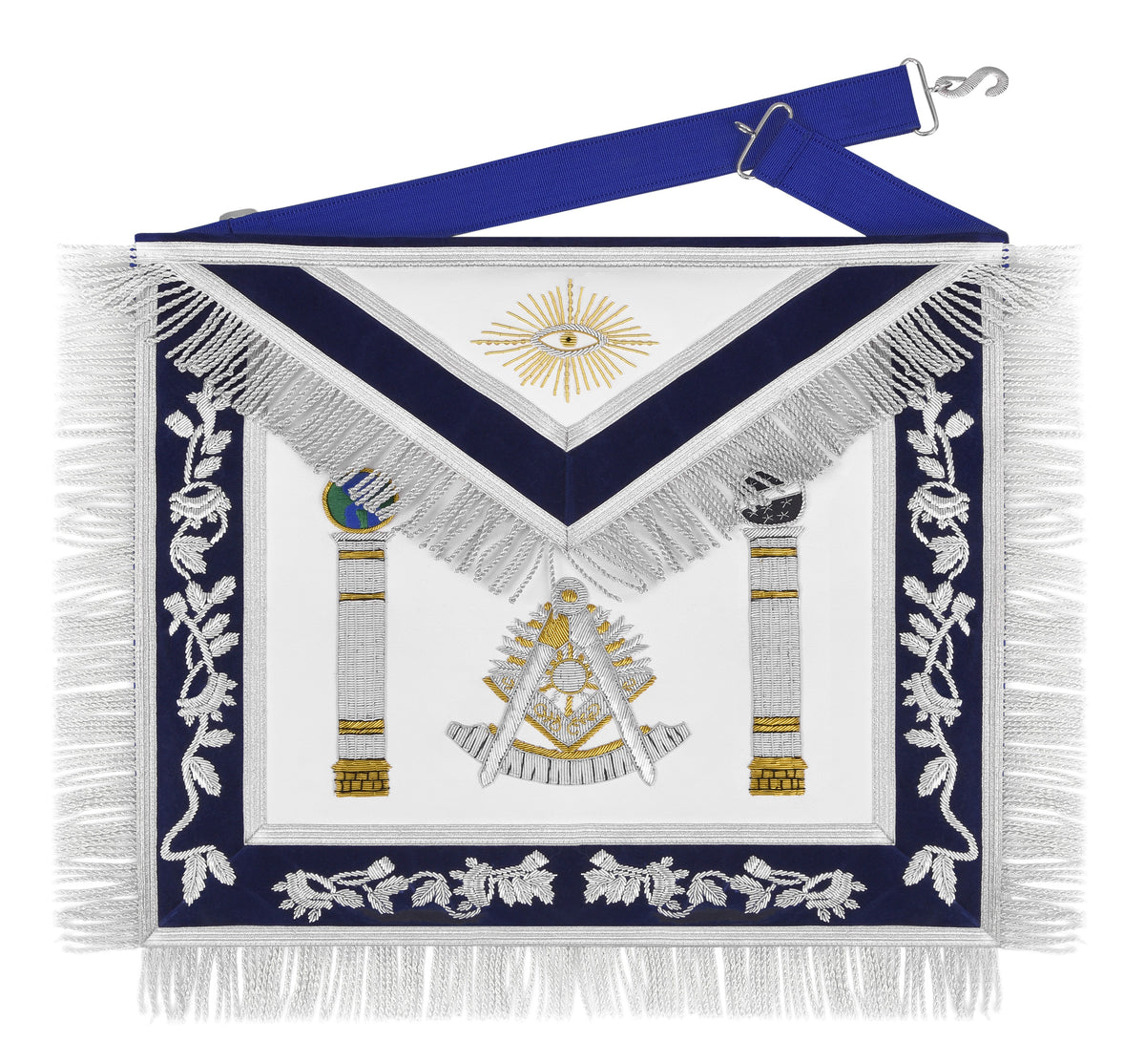 Past Master Blue Lodge Apron - Navy Velvet & Silver Bullion Hand Embroidery With Pillars - Bricks Masons