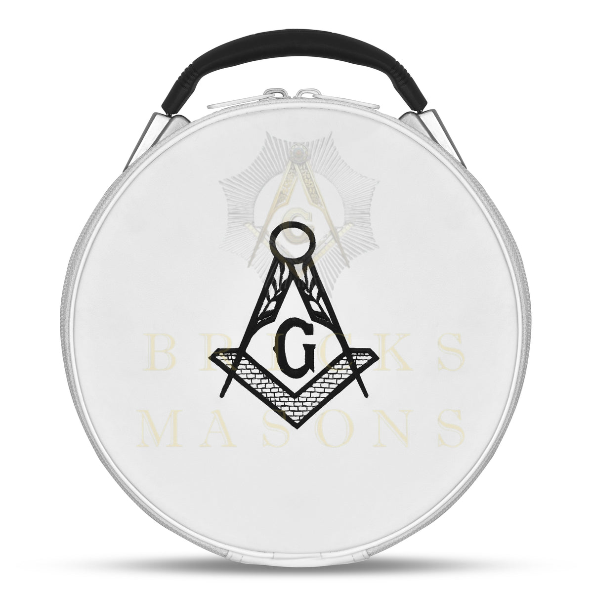 Master Mason Blue Lodge Crown Cap Case - White Imitation Leather With Hand Embroidery Bullion - Bricks Masons