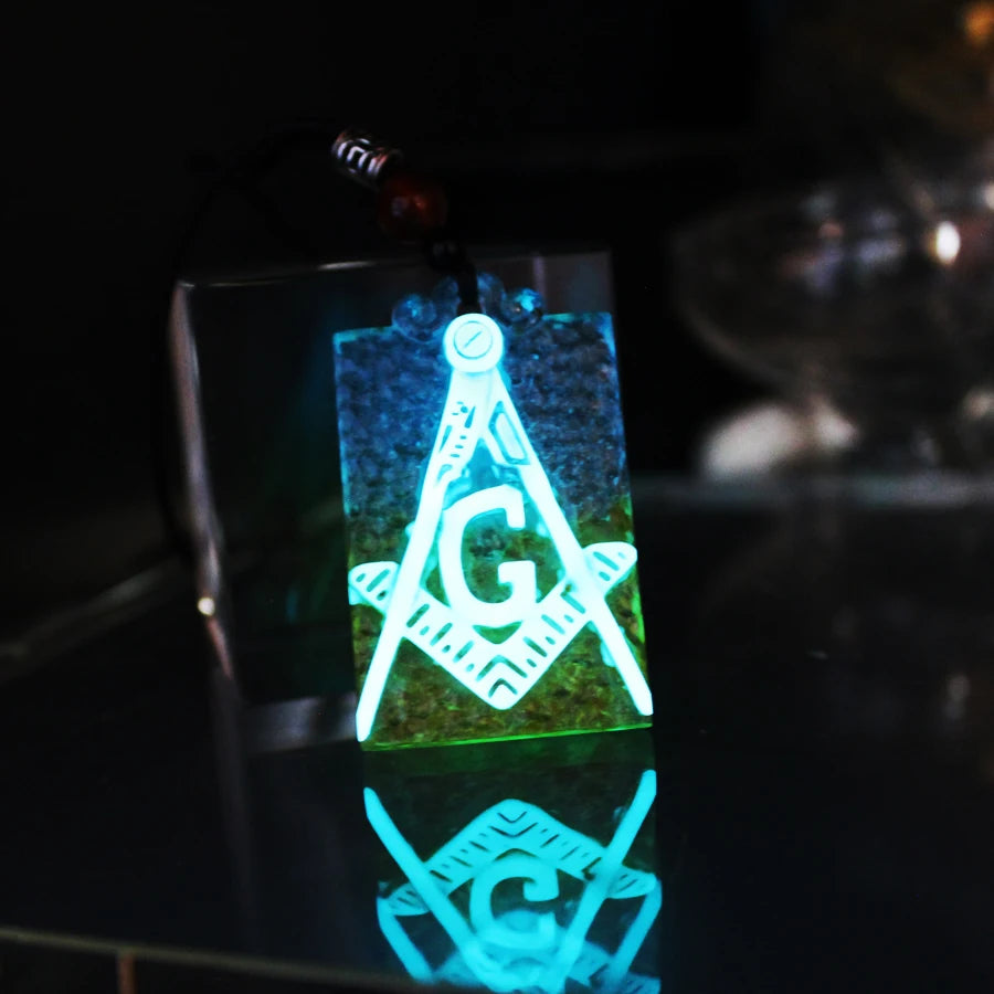 Master Mason Blue Lodge Necklace - Glowing Square & Compass G Crystal - Bricks Masons