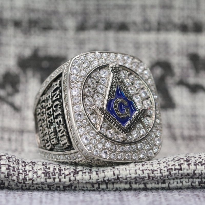 Master Mason Blue Lodge Ring - Sterling Silver Rhinestones With S&C - Bricks Masons