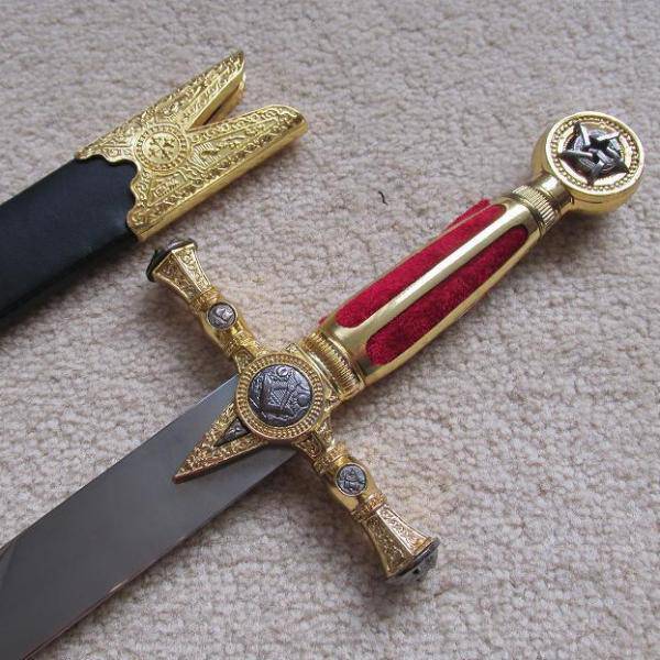 Fellowcraft Blue Lodge Sword - Square Compass Gold Ceremonial Knife W/ Sheath 25.3" - Bricks Masons
