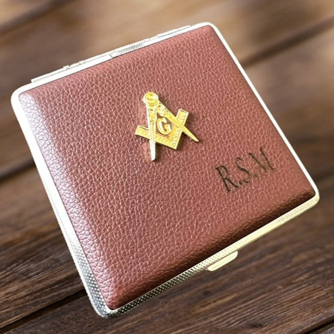 Master Mason Blue Lodge Cigarette Case - Personalised Leather Case Metal Gold Emblem - Bricks Masons