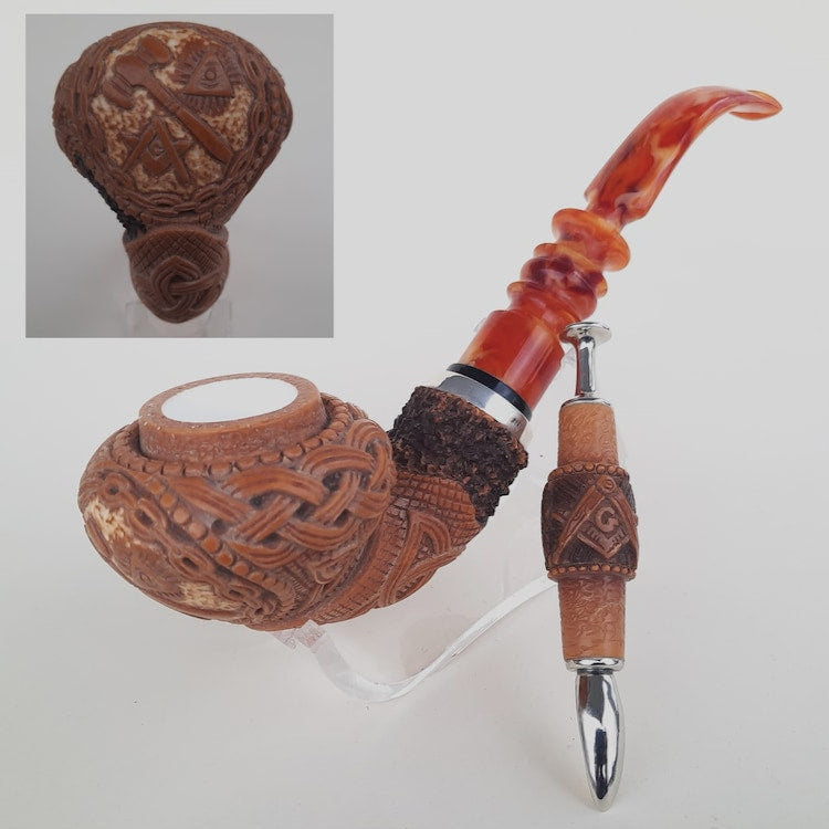 Master Mason Blue Lodge Meerschaum Pipe - Handmade with Fitted Case & Tamper - Bricks Masons
