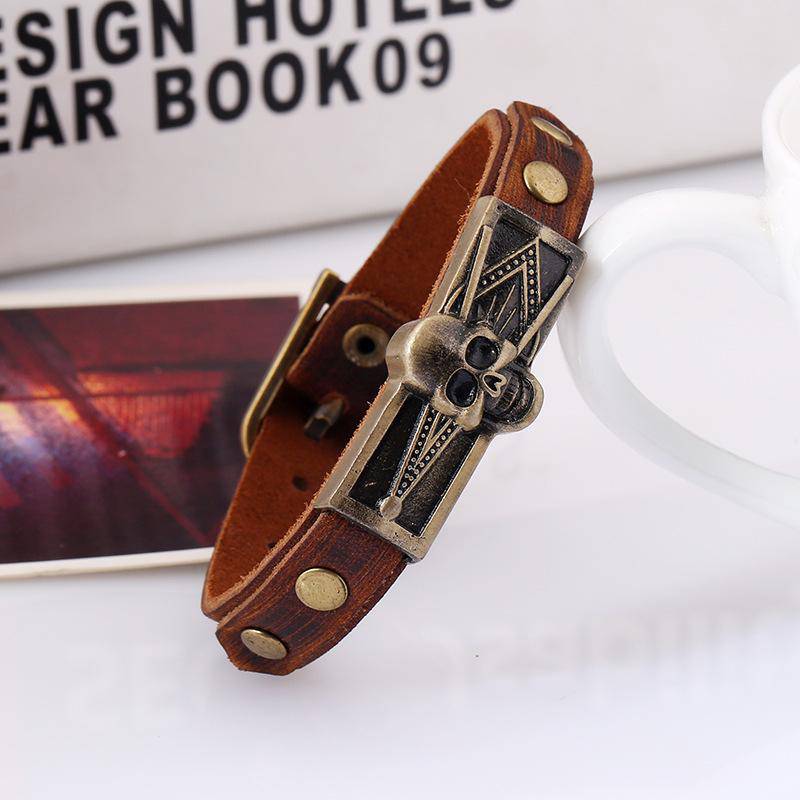 Master Mason Blue Lodge Bracelet - Skull Square Compass Leather - Bricks Masons