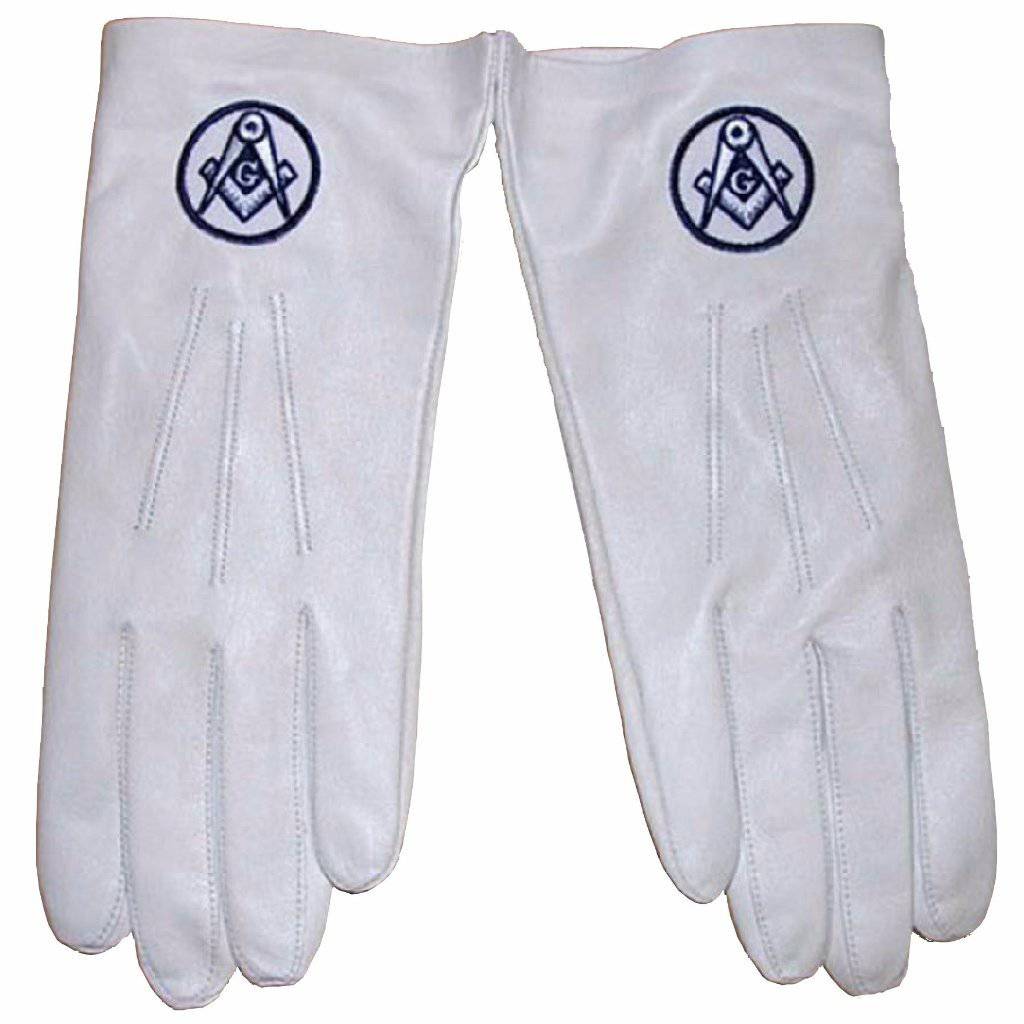 Master Mason Blue Lodge Gloves - White Leather with Square & Compass G Embroidery - Bricks Masons