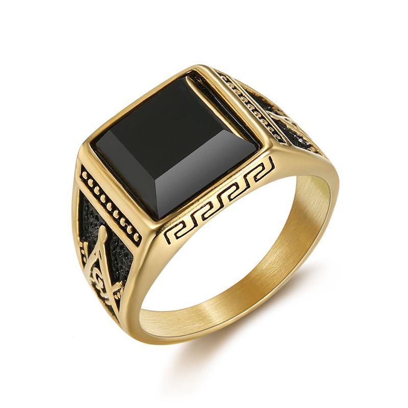 Master Mason Blue Lodge Ring - Black Stone Titanium Gold & Silver Color - Bricks Masons