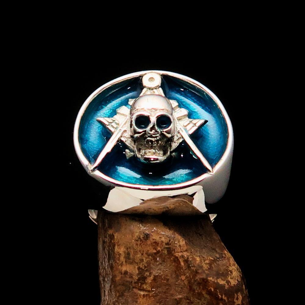 Master Mason Blue Lodge Ring - Blue Sterling Silver With Skull Square and Compass - Bricks Masons