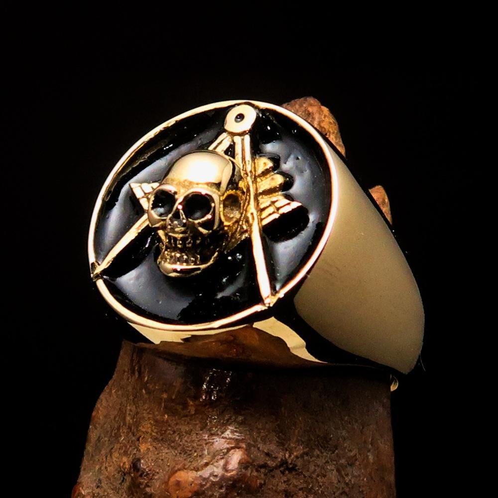 Master Mason Blue Lodge Ring - Gold & Black Solid Brass With Skull Square Compass - Bricks Masons