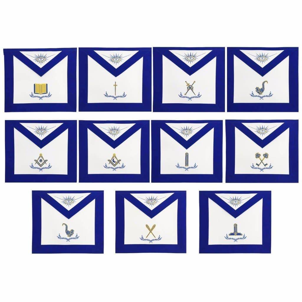 Officers Blue Lodge Officer Apron Set - Royal Blue Ribbon Machine Embroidery (Set of 11) - Bricks Masons