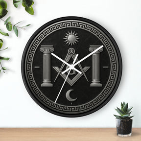 Master Mason Blue Lodge Clock - S&C with Pillars Sun & Moon on Wooden Frame - Bricks Masons