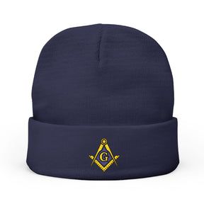 Master Mason Blue Lodge Beanie - Knit Embroidery Gold & Blue Square and Compass G - Bricks Masons