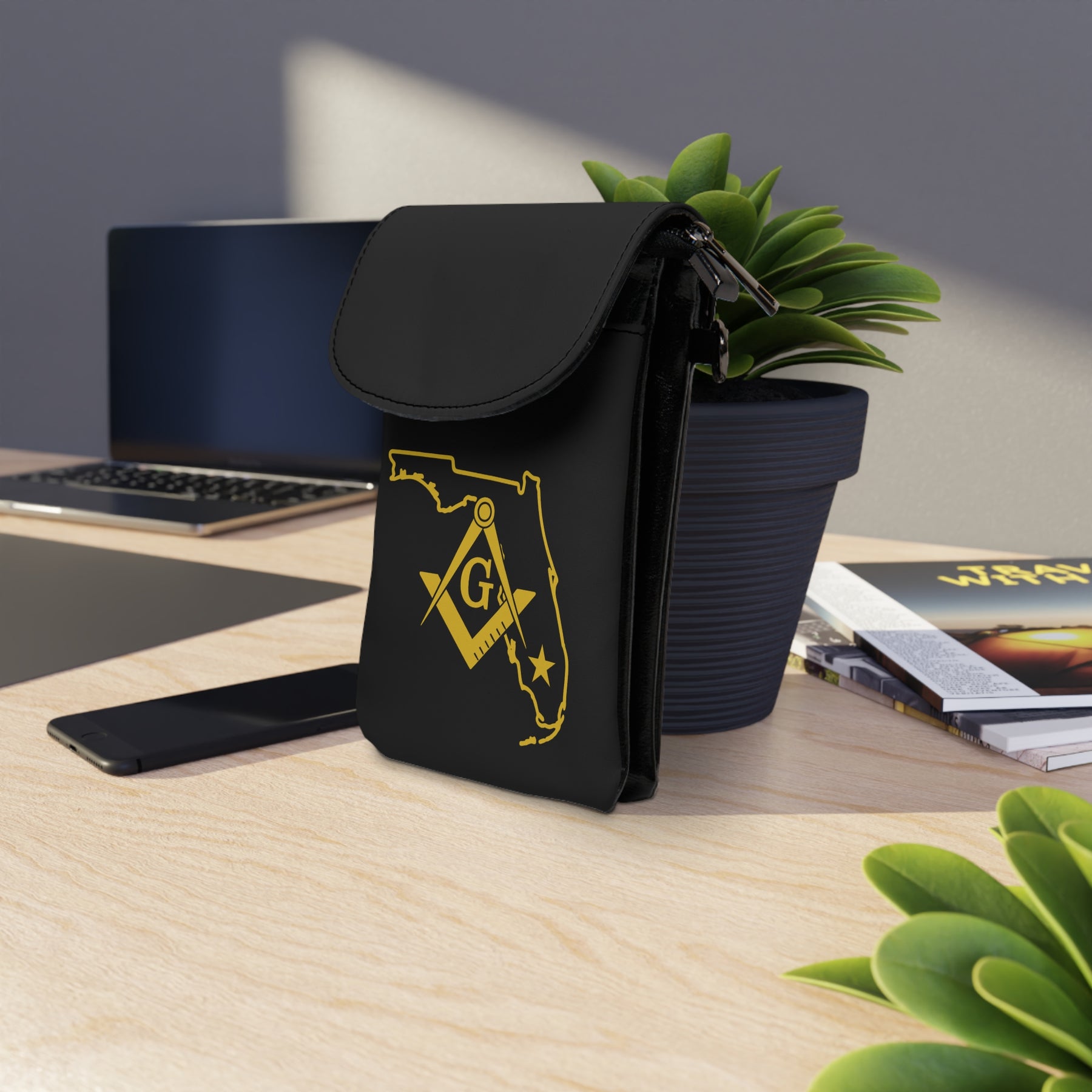 Master Mason Blue Lodge Cell Phone Wallet - Florida Mason Microfiber Leather - Bricks Masons