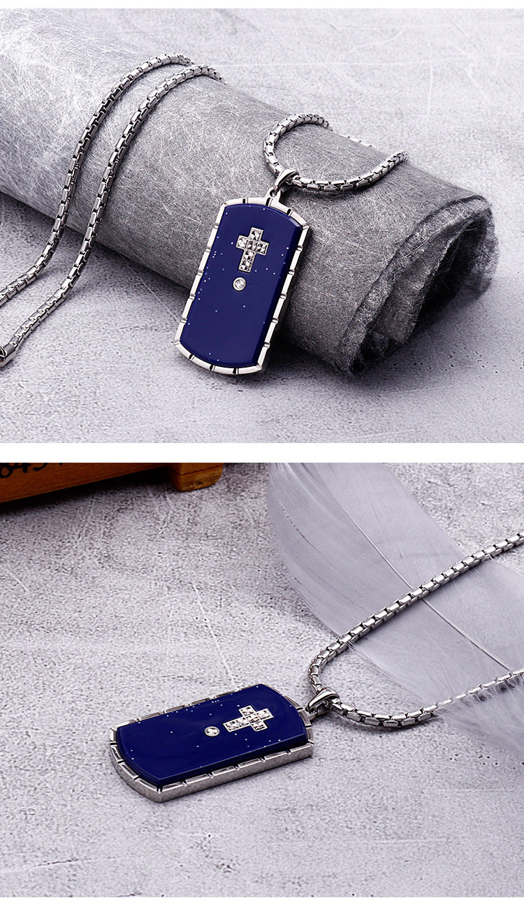 Knights Templar Commandery Necklace - Blue Stainless Steel With Diamond Cross - Bricks Masons