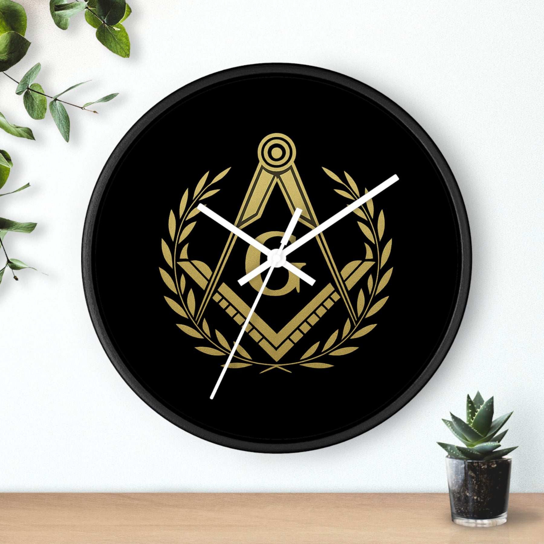 Master Mason Blue Lodge Clock - Wreath with Square & Compass G in Wooden Frame - Bricks Masons