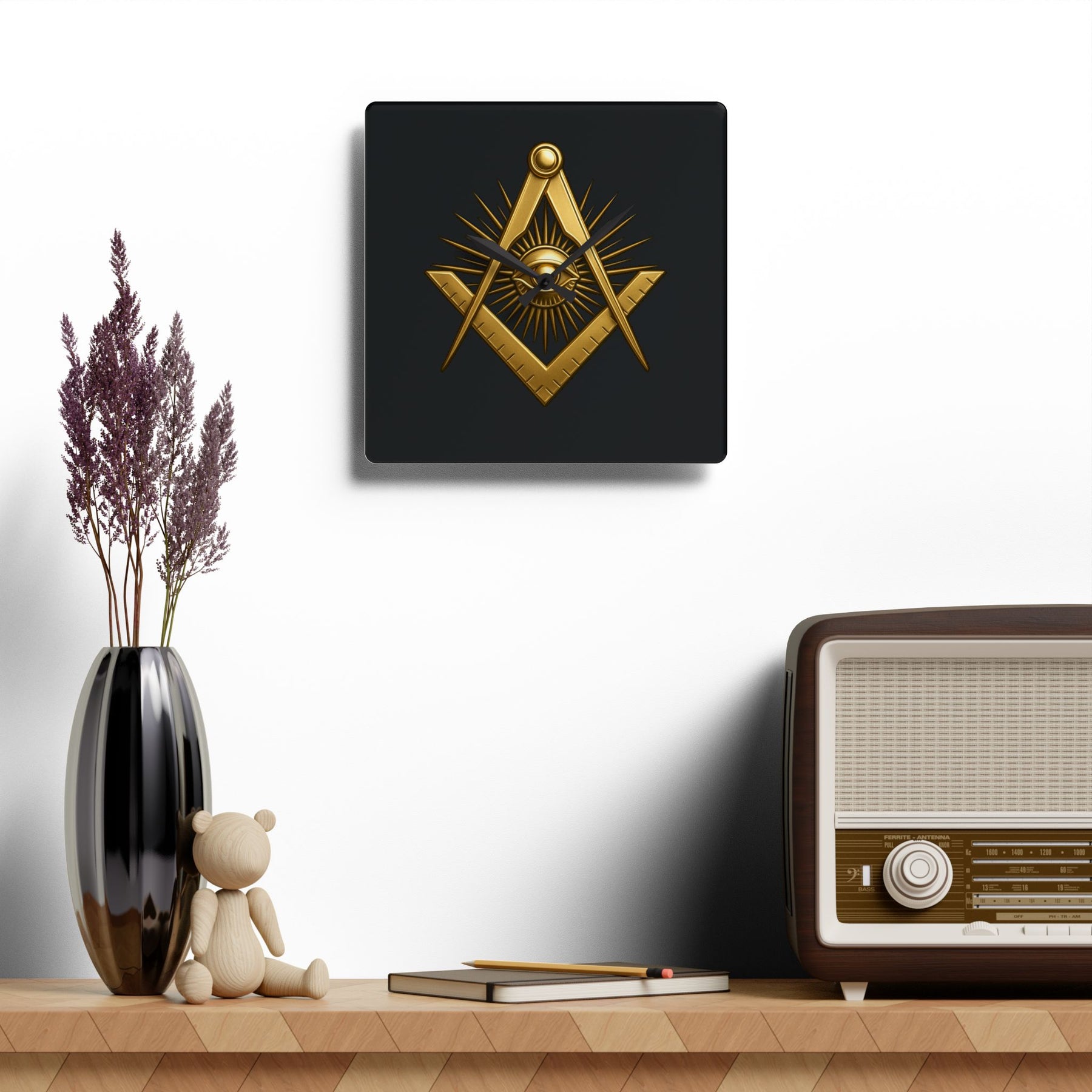 Master Mason Blue Lodge Clock - Square & Compass with All Seeing Eye on Acrylic Dial - Bricks Masons