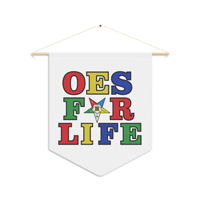OES Pennant - OES for Life on White Polyester Twill With Wooden Dowel - Bricks Masons