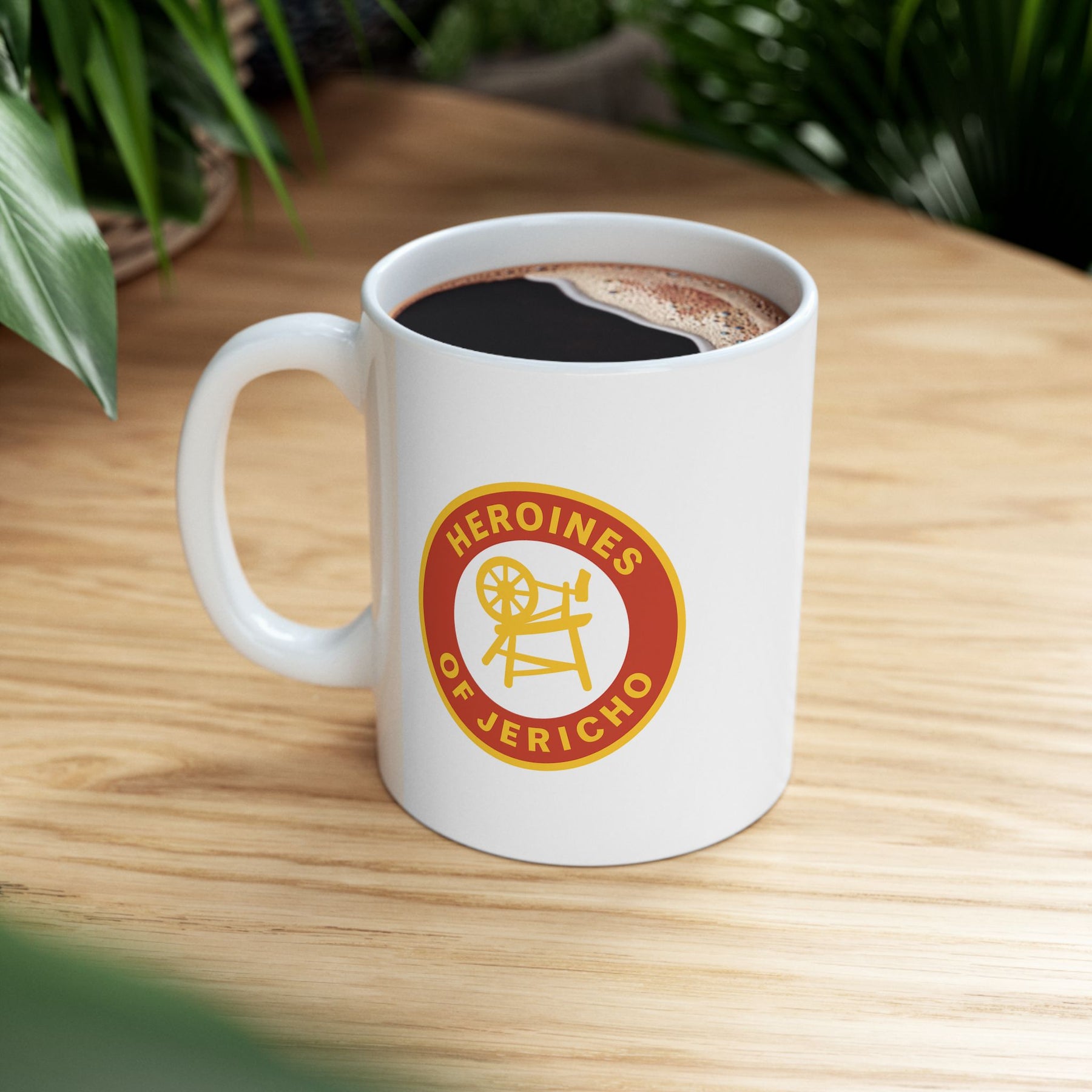 Heroines of Jericho Mug - White with Spinning Wheel and Chair Emblem - Bricks Masons