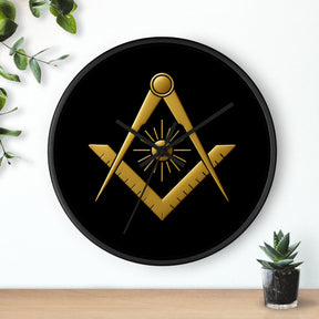 Master Mason Blue Lodge Clock - Golden S&C with Sun in Wooden Frame - Bricks Masons