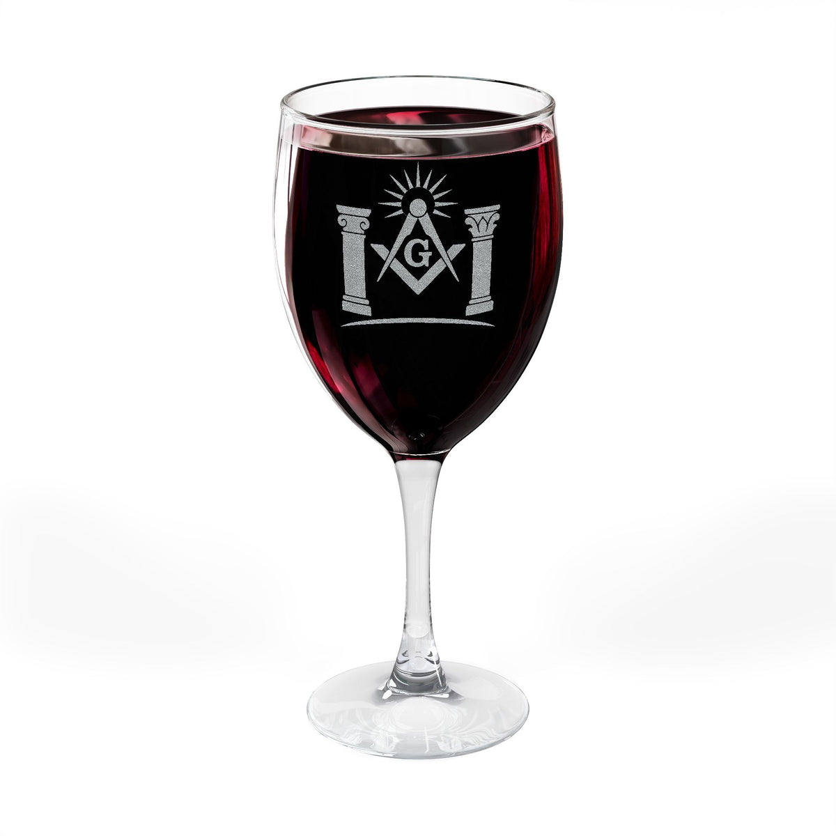 Master Mason Blue Lodge Wine Glass - Square & Compass G with Twin Pillars & Radiant Light - Bricks Masons