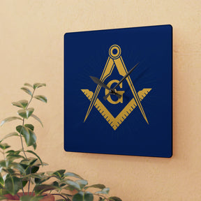 Master Mason Blue Lodge Clock - Golden Square & Compass G on Acrylic Square Shape - Bricks Masons