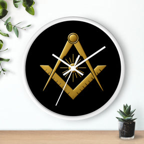 Master Mason Blue Lodge Clock - Golden S&C with Sun in Wooden Frame - Bricks Masons