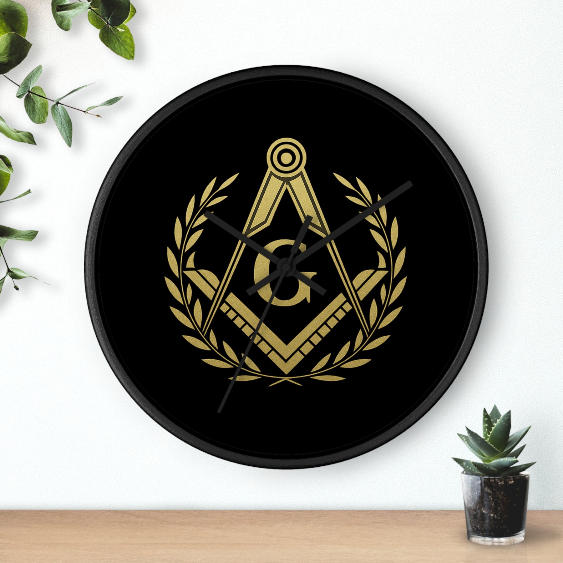Master Mason Blue Lodge Clock - Wreath with Square & Compass G in Wooden Frame - Bricks Masons