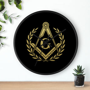 Master Mason Blue Lodge Clock - Wreath with Square & Compass G in Wooden Frame - Bricks Masons