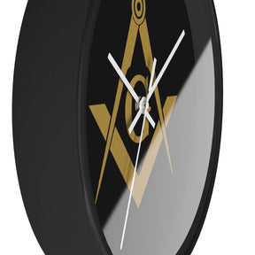 Master Mason Blue Lodge Clock - Shiny Golden S&C G on Black Dial - Bricks Masons