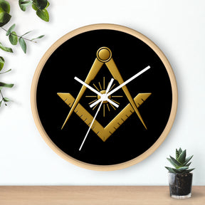 Master Mason Blue Lodge Clock - Golden S&C with Sun in Wooden Frame - Bricks Masons