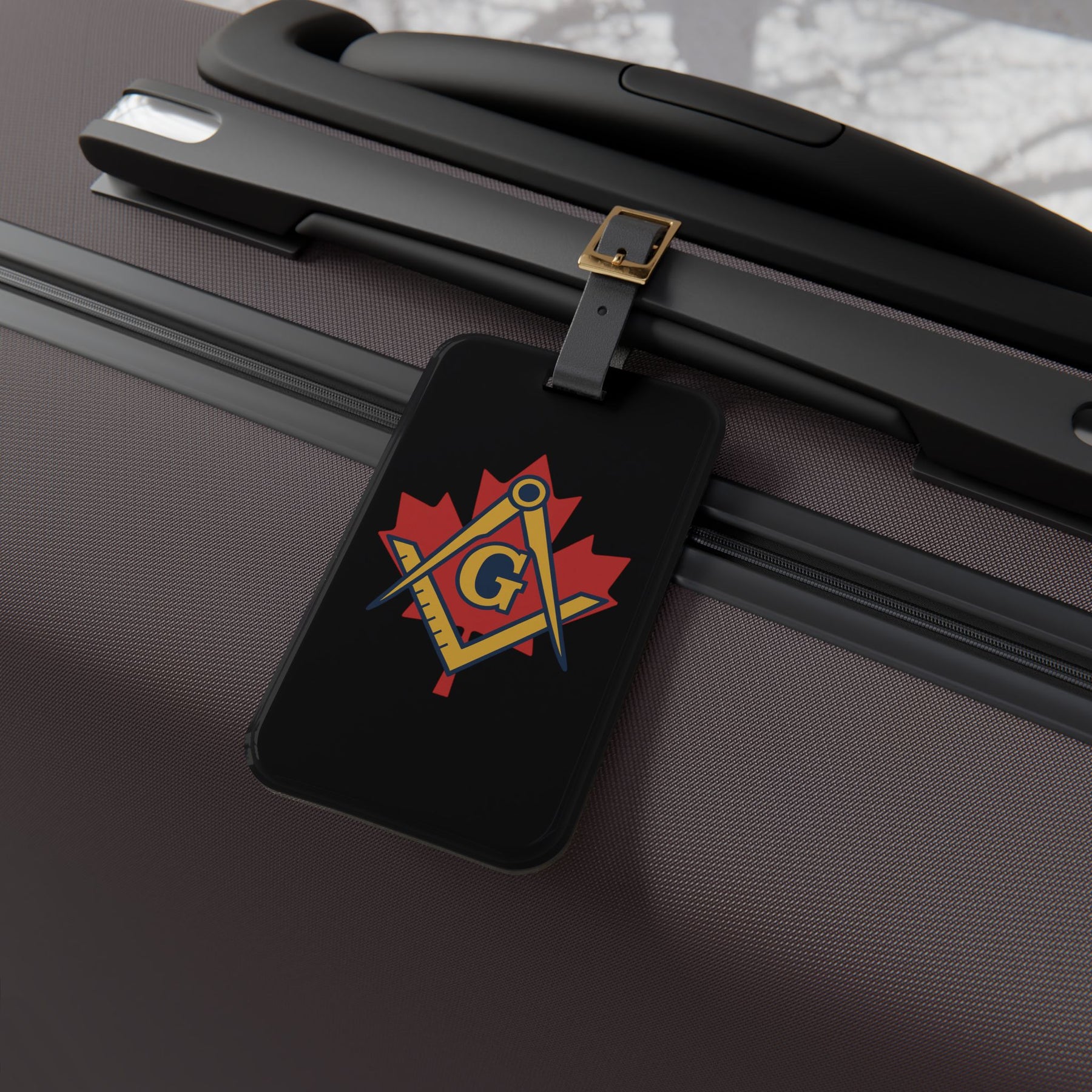 Master Mason Blue Lodge Canada Jurisdiction Luggage Tag - Maple Leaf Black Leather Strap - Bricks Masons
