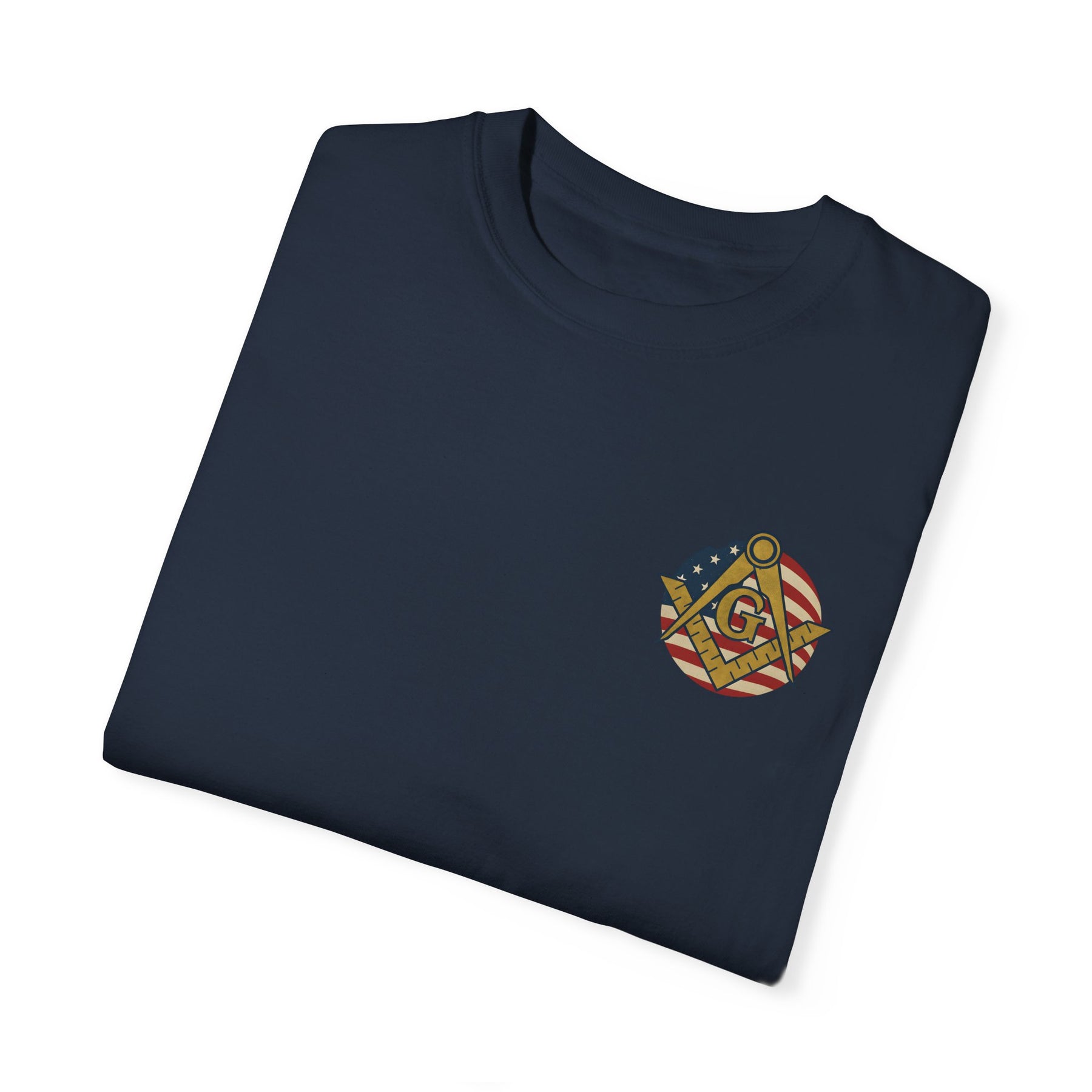 Master Mason Blue Lodge T-Shirt - Garment-Dyed US Flag Square & Compass G - Bricks Masons