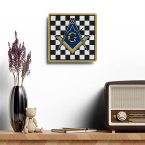 Master Mason Blue Lodge Clock - Golden Compass & Square G on Checkered Dial - Bricks Masons
