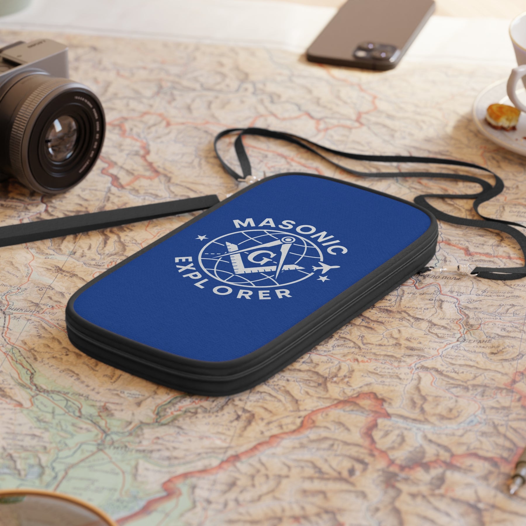 Master Mason Blue Lodge Passport Wallet - Blue Masonic Explorer With Shoulder & Wrist Strap - Bricks Masons