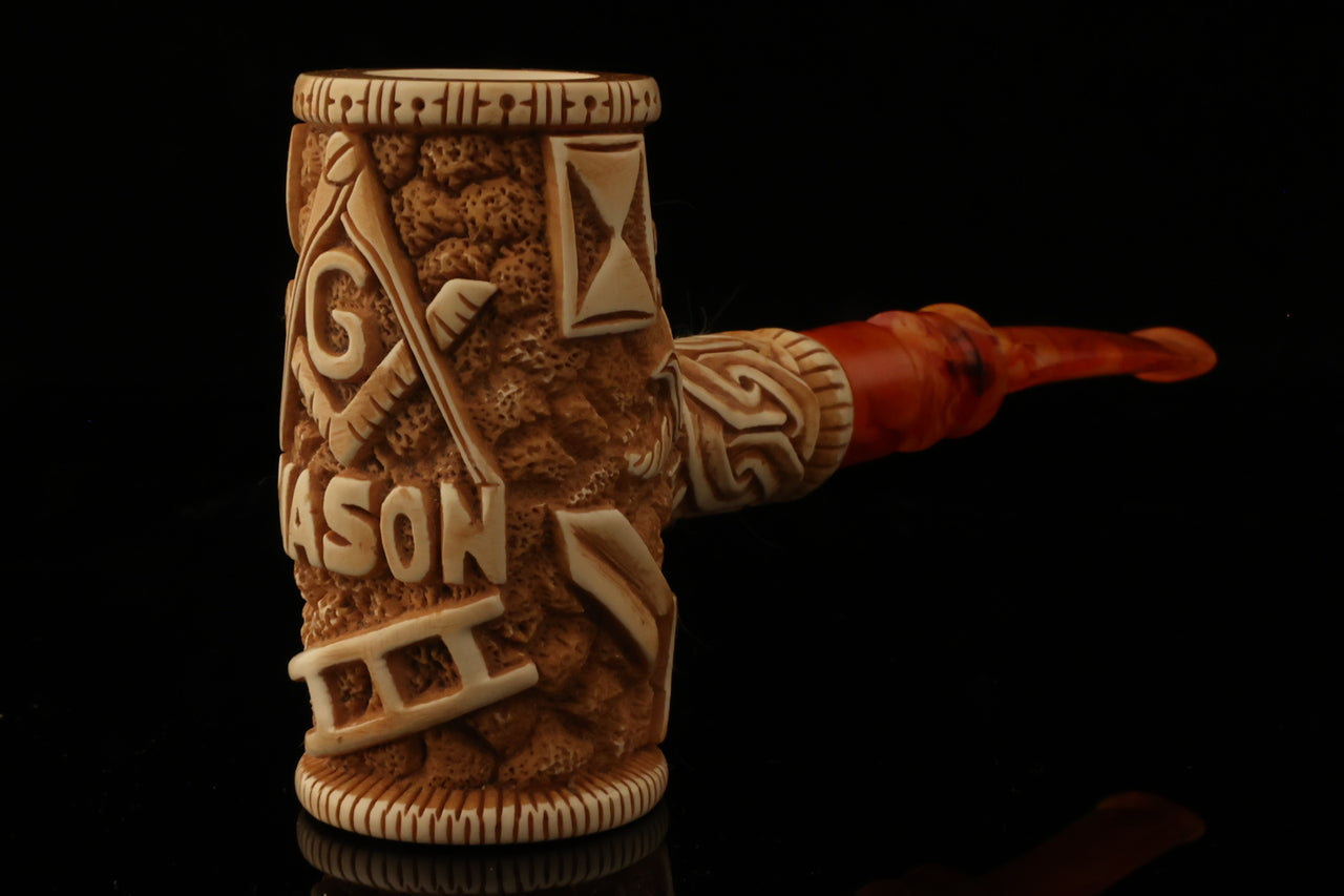 Master Mason Blue Lodge Meerschaum Pipe - Handcrafted Mason Gavel Shape - Bricks Masons