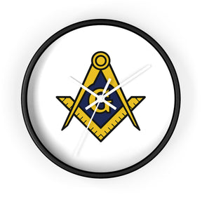 Master Mason Blue Lodge Clock - Wood Frame with Golden Square & Compass G - Bricks Masons