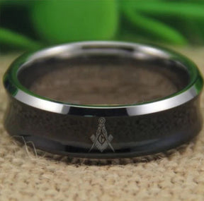 Master Mason Blue Lodge Ring - Black Silver Bevel With CZ Stone