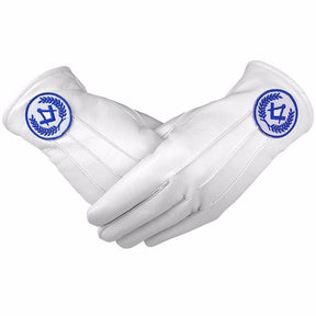 Master Mason Blue Lodge Gloves - White Leather with Blue Square & Compass