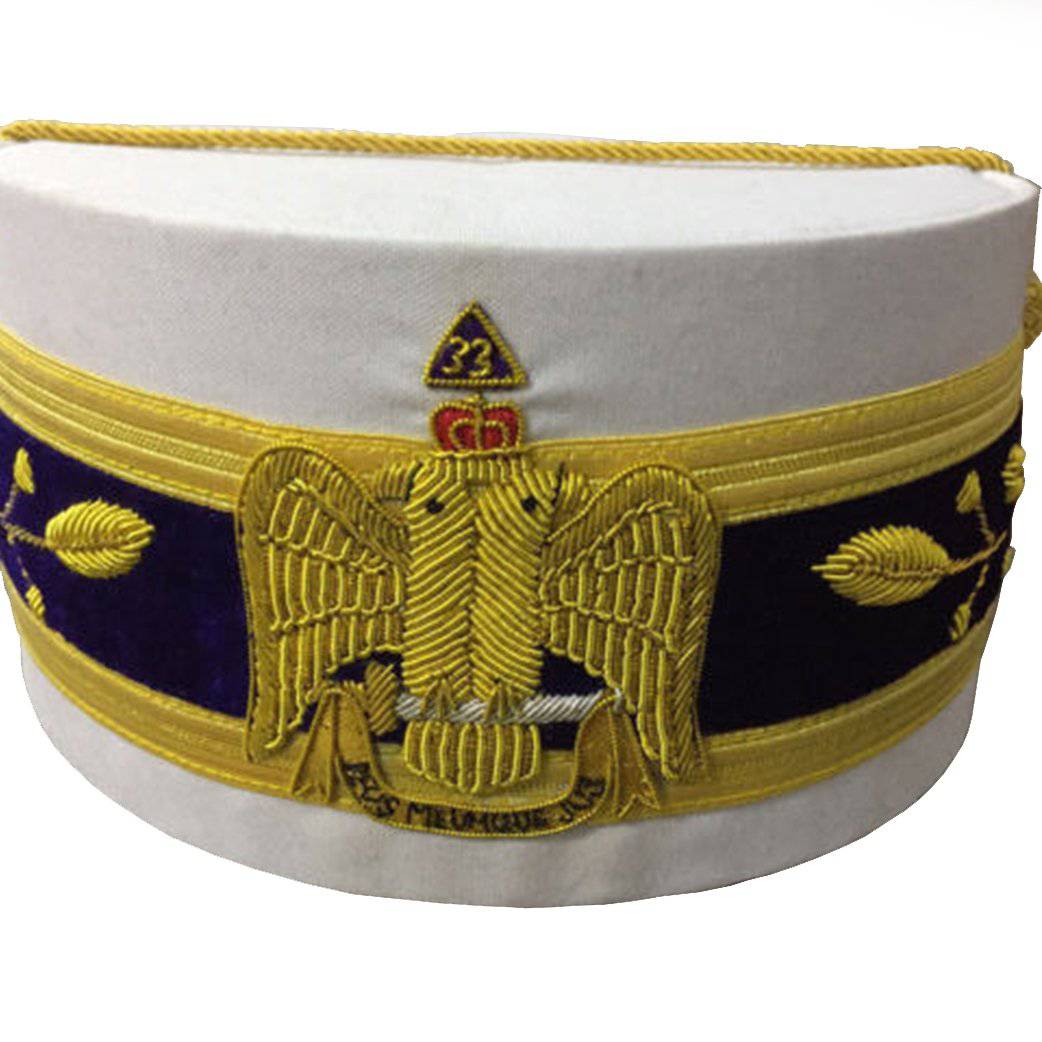 33rd Degree Scottish Rite Crown Cap - Wings Down White Hand Embroidered - Bricks Masons