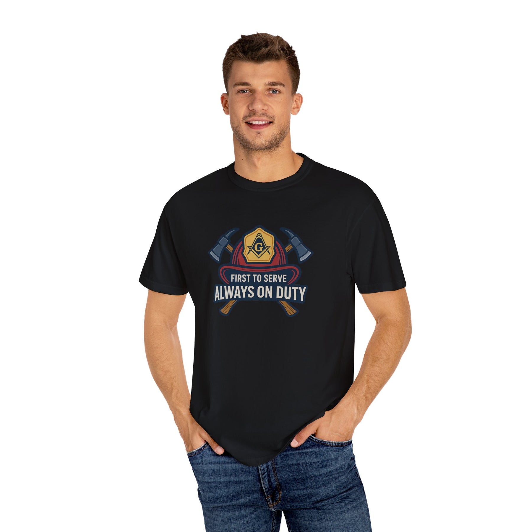 Master Mason Blue Lodge T-Shirt - Garment-Dyed Firefighter Tee - Bricks Masons