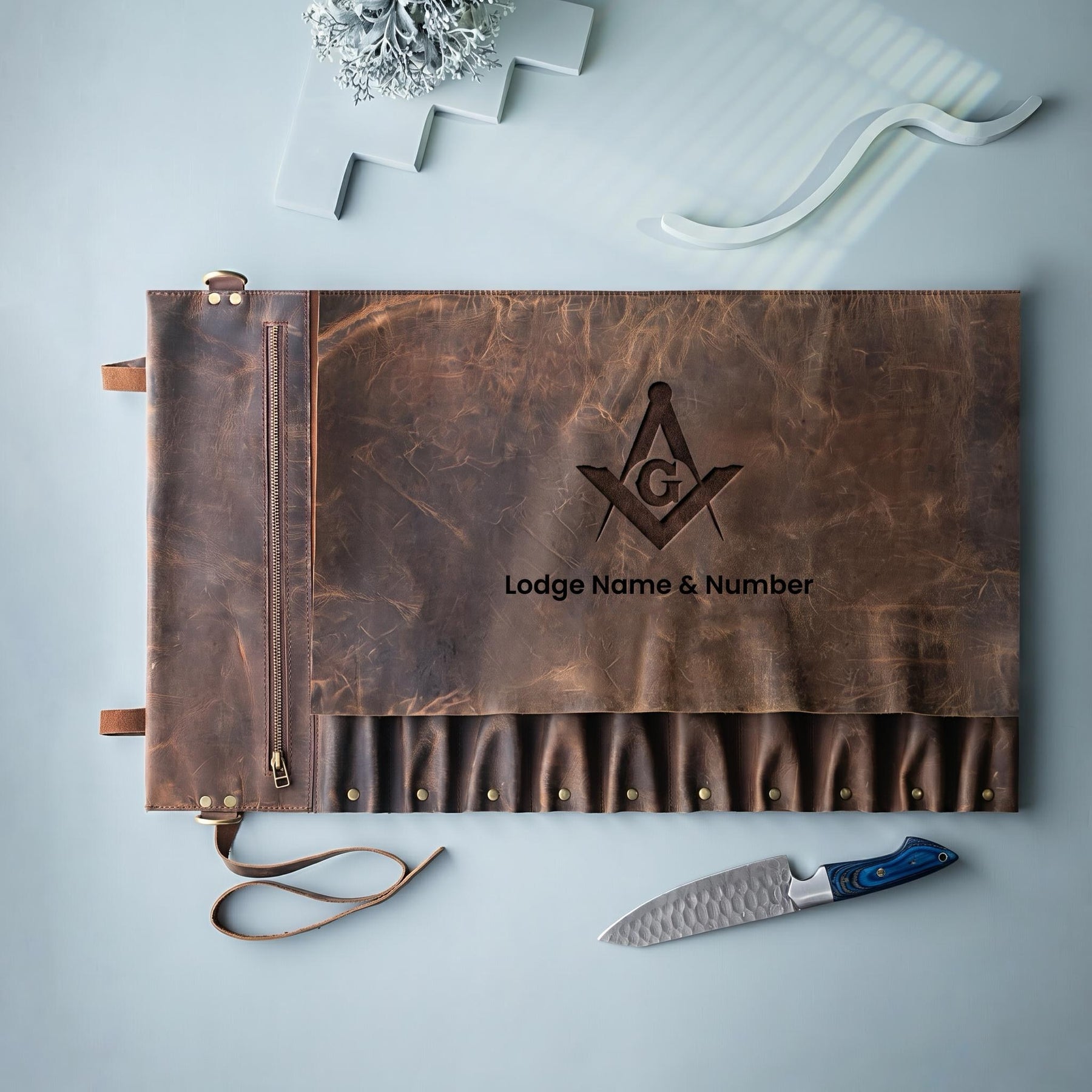 Master Mason Blue Lodge Knife Roll - S&C G 10 Slot Custom Leather Roll - Bricks Masons