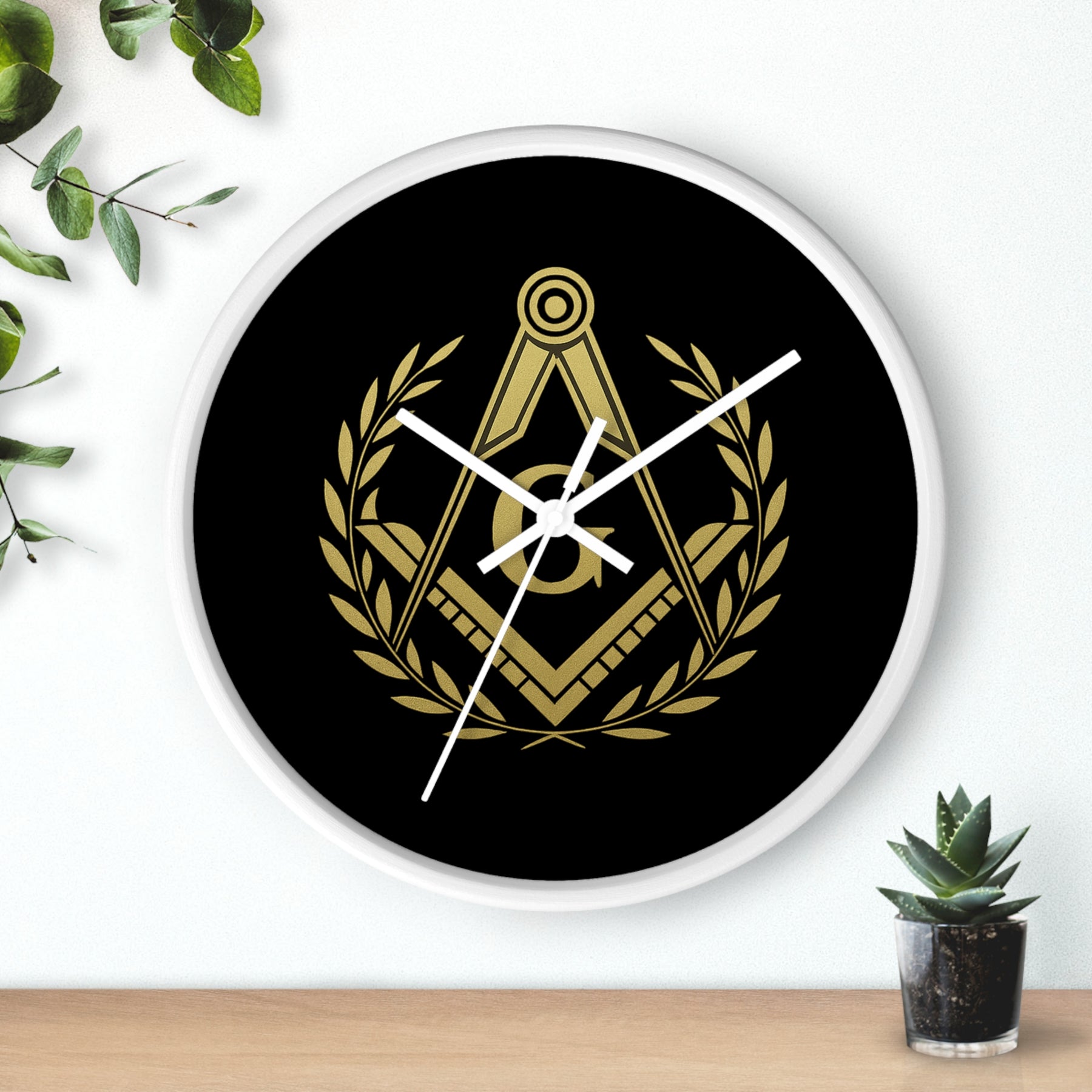 Master Mason Blue Lodge Clock - Wreath with Square & Compass G in Wooden Frame - Bricks Masons