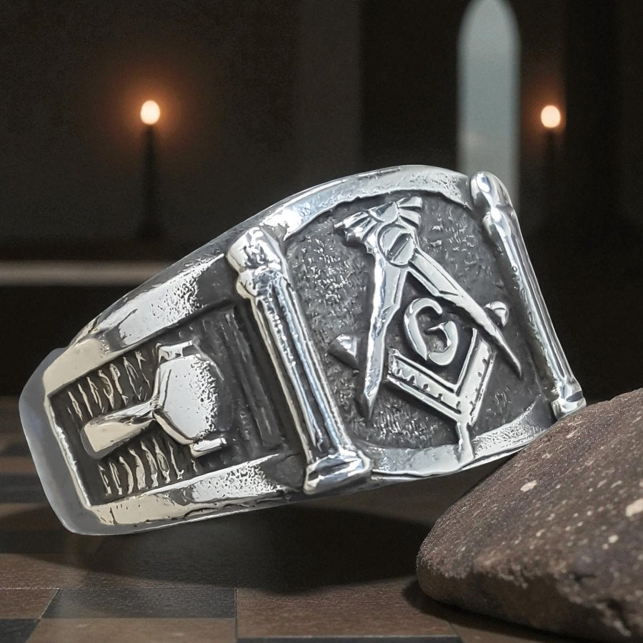 Masonic Ring Column Plumb Line Silver Masonry Art 46 - Bricks Masons