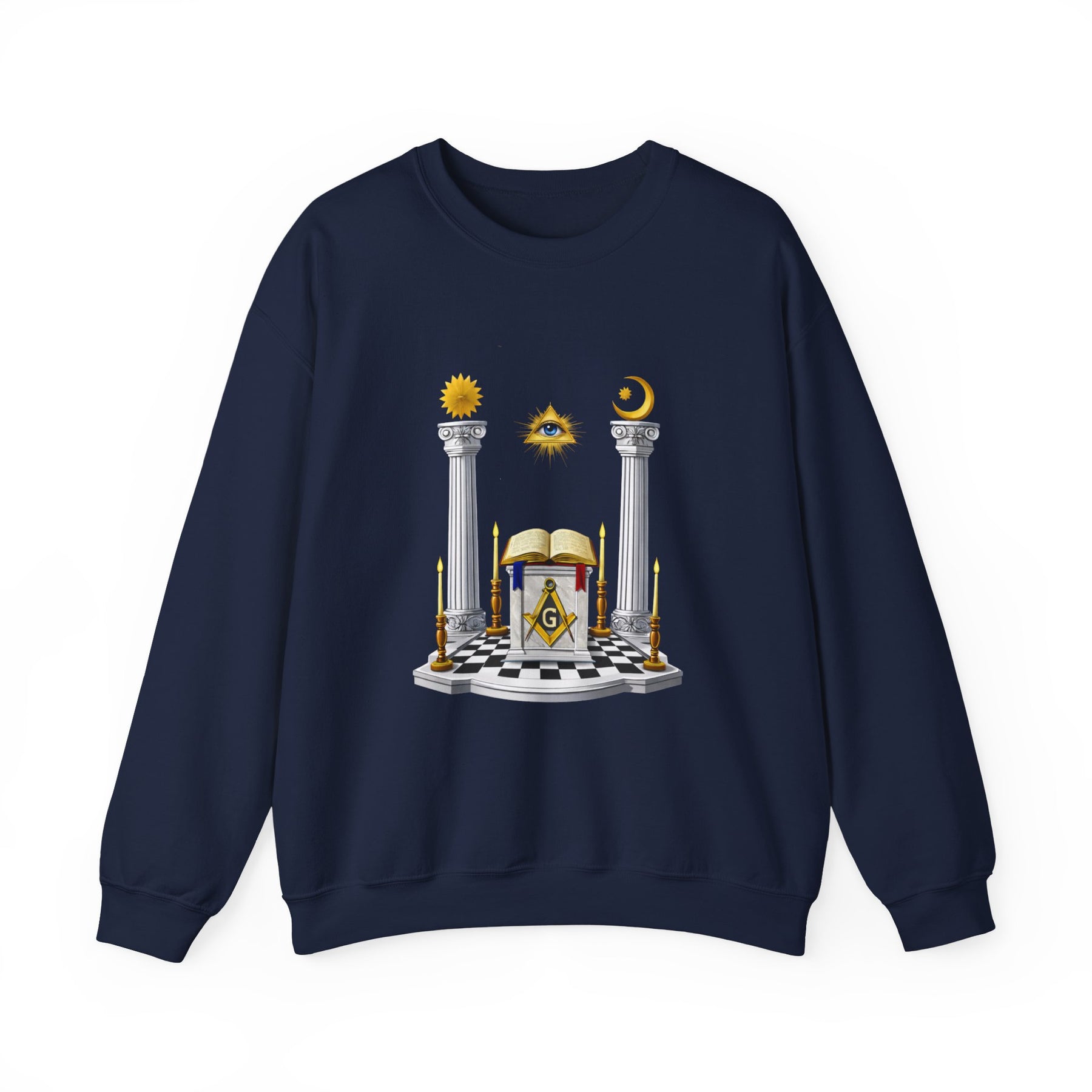Master Mason Blue Lodge Sweatshirt - S&C G with Altar Pillars and Eye on Checkered Floor