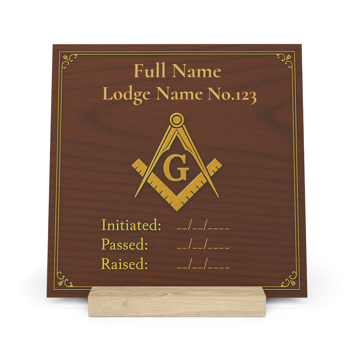 Master Mason Blue Lodge Plaque - Golden Square & Compass G with Personalization - Bricks Masons