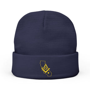 Master Mason Blue Lodge Beanie - Knit Embroidery Gold Square & Compass G California Mason - Bricks Masons